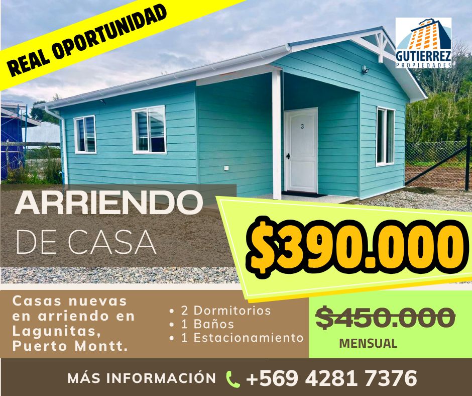 Casas nuevas en arriendo en Lagunitas, Puerto Montt | 2 dormitorios, cocina equipada, excelente conectividad y entorno tranquilo.